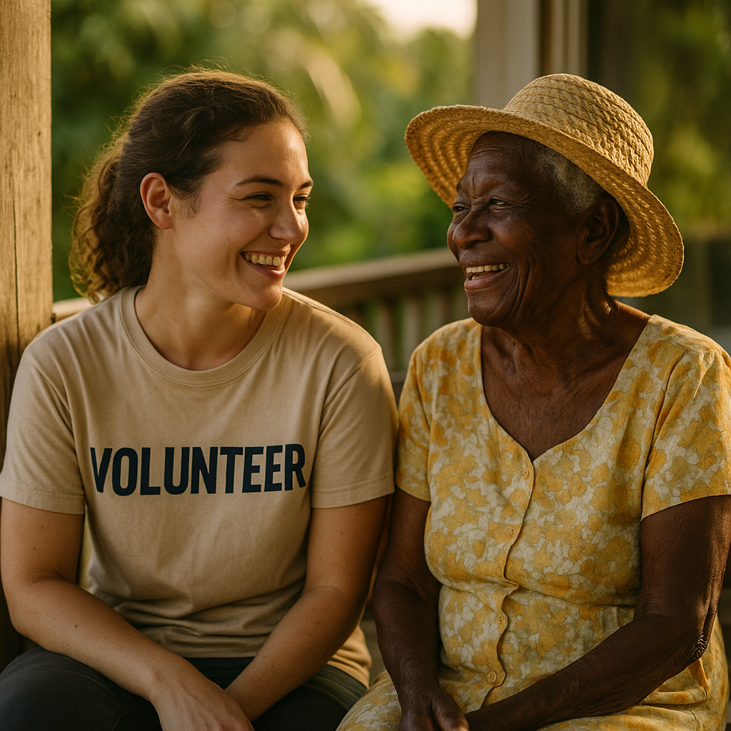 Volunteer spending time with an elderly resident during a Jamaica volunteering placement