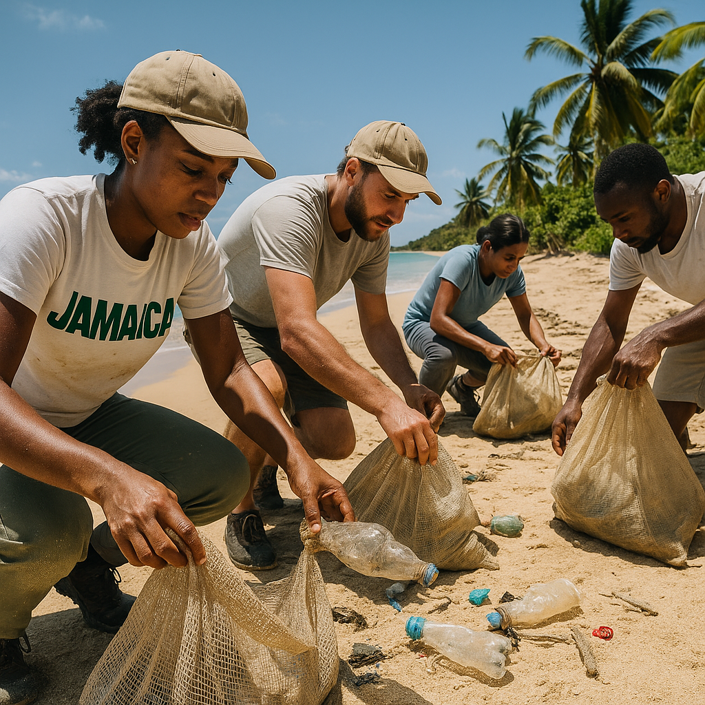 Volunteers collecting plastic waste during a beach cleanup project in Jamaica